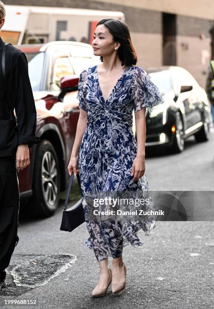 Maia Shibutani is seen wearing a blue and white floral dress outside the Prabal Gurung show during NYFW F/W 2024 on February 09, 2024 in New York...