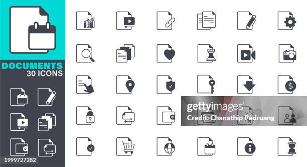 documents icons set. solid icon collection. vector graphic elements, icon symbol, business, report - document, document, contract, note pad, checklist, examining, file, download - folder tabs stock illustrations