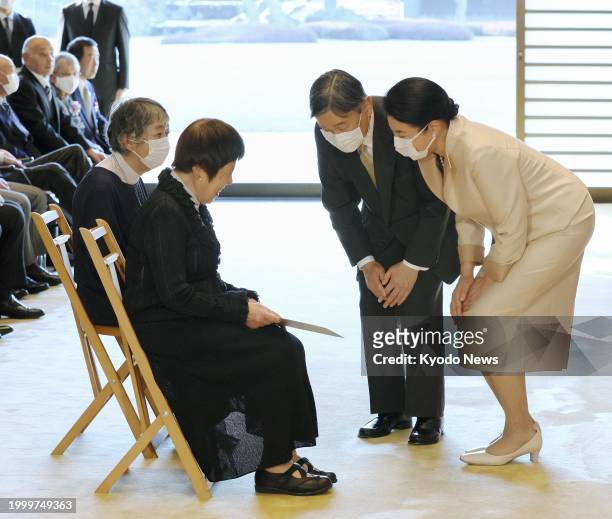 Japanese Emperor Naruhito and Empress Masako meet award-winning disabled people at the Imperial Palace in Tokyo on Feb. 13, 2024.