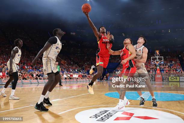 Kristian Doolittle of the Wildcats goes to the basket during the round 19 NBL match between Perth Wildcats and Cairns Taipans at RAC Arena, on...