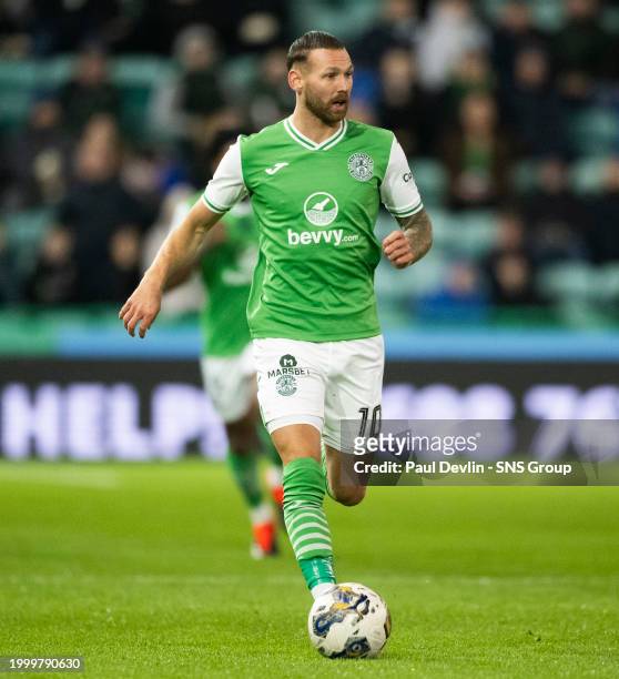 Hibernian's Martin Boyle in action during a cinch Premiership match between Hibernian and Celtic at Easter Road Stadium, on February 07 in Edinbugrh,...