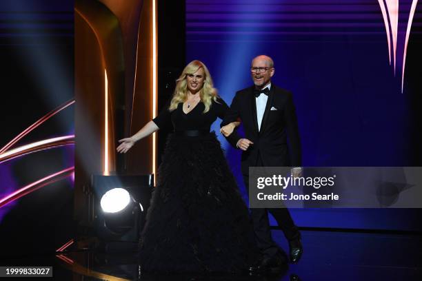 Rebel Wilson and Ron Howard present during the 2024 AACTA Awards Presented By Foxtel Group at HOTA on February 10, 2024 in Gold Coast, Australia.