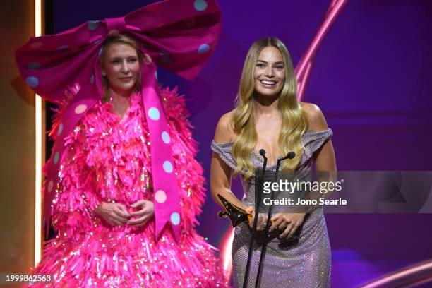 Margot Robbie accepts the AACTA Trailblazer Award from Cate Blanchett during the 2024 AACTA Awards Presented By Foxtel Group at HOTA on February 10,...