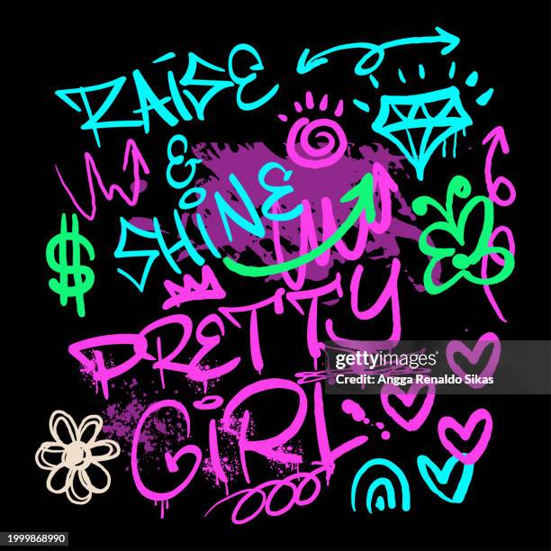 ilustrações, clipart, desenhos animados e ícones de tema menina graffiti motivacional tipografia arte freestyle escrita à mão, texto de cores brilhantes e vibrantes e símbolos com respingos e gotejamentos de fundo - aerografia