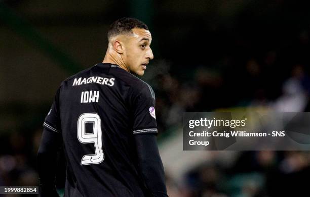 Celtic's Adam Idah in action during a cinch Premiership match between Hibernian and Celtic at Easter Road Stadium, on February 07 in Edinbugrh,...