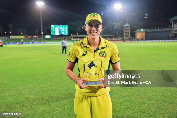 Player of the match Tahlia McGrath of Australia poses for a photo during game three of the women's One Day International series between Australia and...