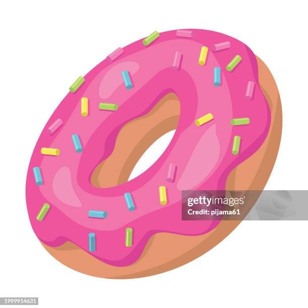 ilustrações de stock, clip art, desenhos animados e ícones de donut isolated on a white background. cute, colorful and glossy donuts with pink glaze and multicolored powder. simple modern design. - confeito colorido para bolos