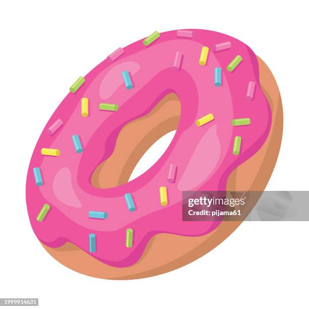 bildbanksillustrationer, clip art samt tecknat material och ikoner med donut isolated on a white background. cute, colorful and glossy donuts with pink glaze and multicolored powder. simple modern design. - cartoon desserts