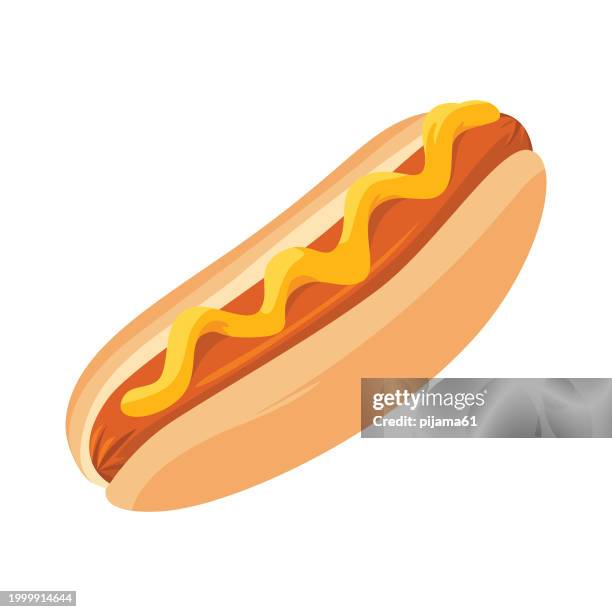 ilustraciones, imágenes clip art, dibujos animados e iconos de stock de perrito caliente con mostaza. salchicha en un bollo. alimentos poco saludables. - salsa de mostaza