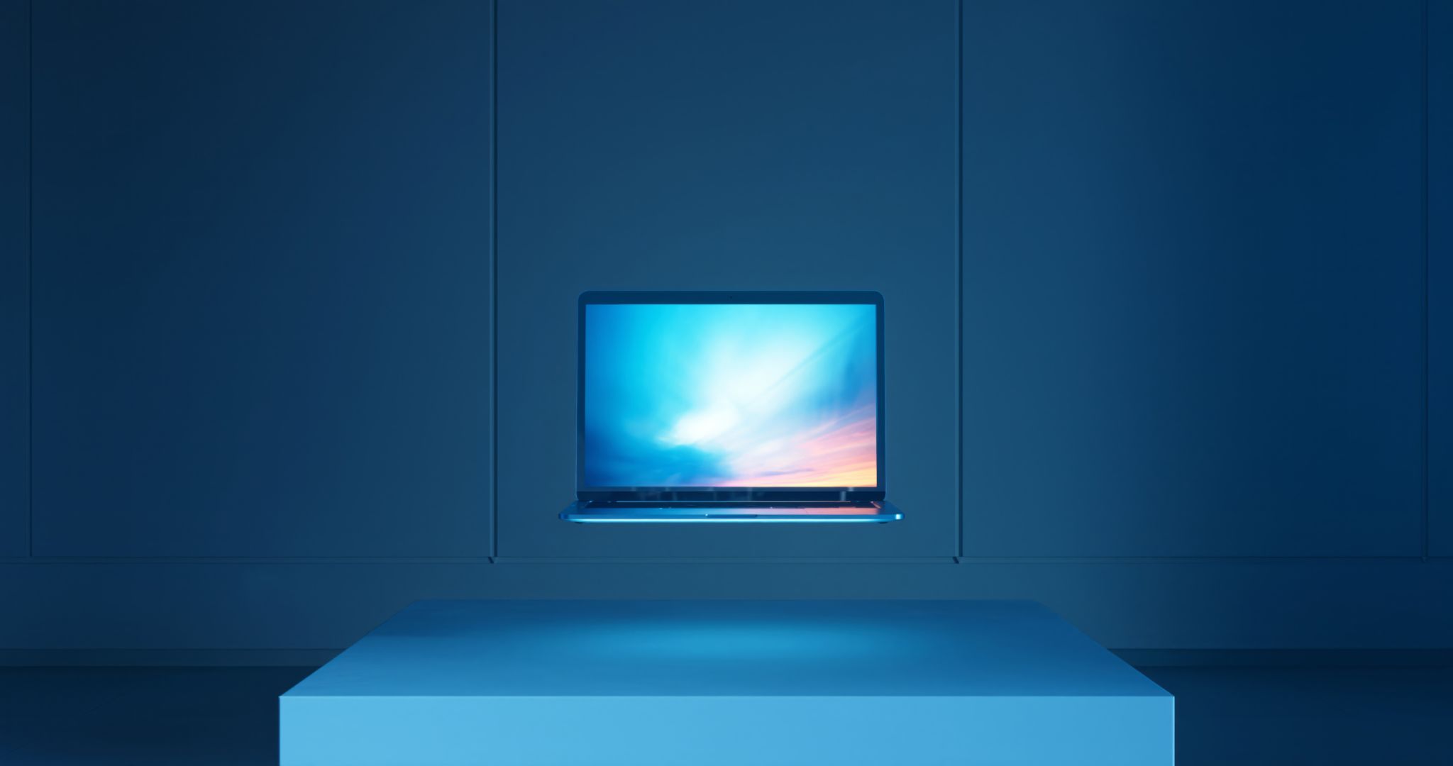 A dark evening setting with a laptop resting on a stand within a room. A dark evening setting with a laptop resting on a stand within a room.