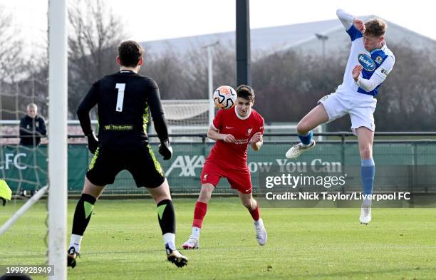 Lucas Pitt of Liverpool in action during the U18 Premier League game at AXA Training Centre on February 10, 2024 in Kirkby, England.