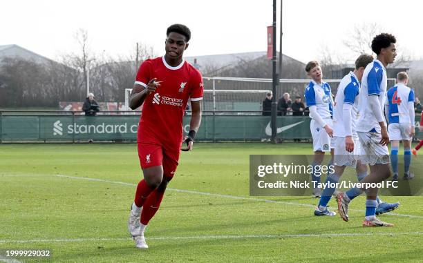 Keyrol Figueroa of Liverpool celebrates scoring Liverpool's first goal during the U18 Premier League game at AXA Training Centre on February 10, 2024...