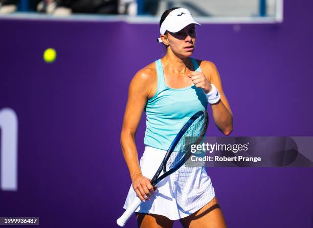 Magda Linette of Poland in action against Qinwen Zheng of China in the second round on Day 3 of the Qatar TotalEnergies Open, part of the Hologic WTA...
