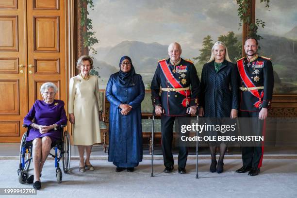 King Harald V of Norway and Queen Sonja of Norway ,Princess Astrid, Mrs Ferner and Crown Princess Mette-Marit of Norway and Crown Prince Haakon of...