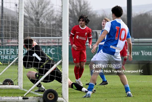 Kareem Ahmed of Liverpool scores Liverpool's second goal during the U18 Premier League game at AXA Training Centre on February 10, 2024 in Kirkby,...