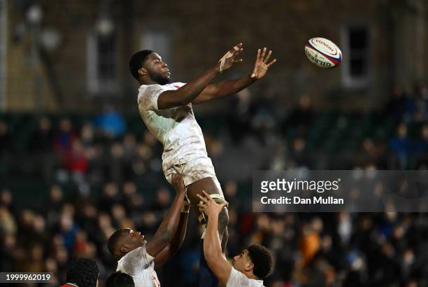 Olamide Sodeke of England rises to claim a lineout during the U20 Six Nations match between England and Wales at The Recreation Ground on February...