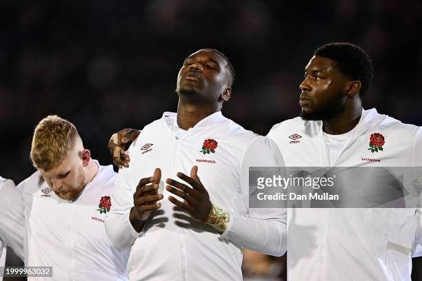 Junior Kpoku of England prays following the national anthem during the U20 Six Nations match between England and Wales at The Recreation Ground on...