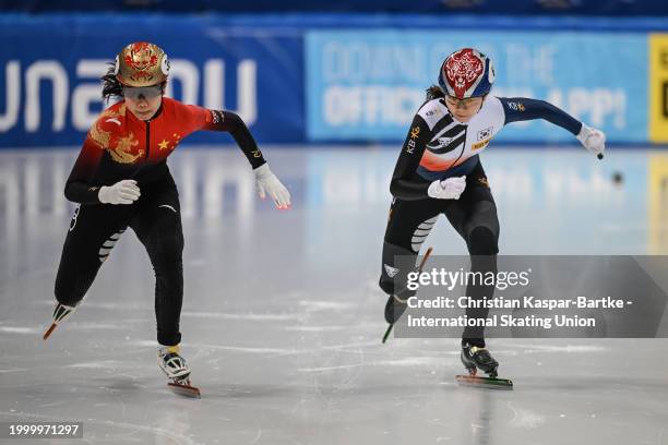 Shim Suk Hee of Korea performs during the ISU World Cup Short Track at Joynextarena on February 09, 2024 in Dresden, Germany.