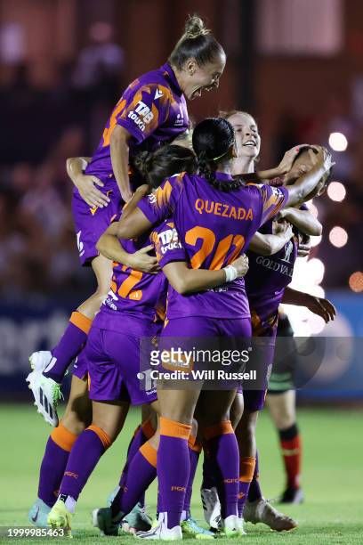 Rasamee Phonsongkham of the Glory celebrates with team mates after scoring a goal during the A-League Women round 16 match between Perth Glory and...