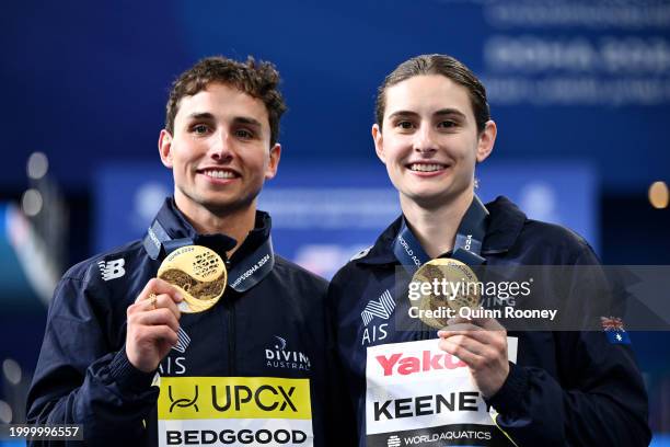 Gold Medalists, Domonic Bedggood and Maddison Keeney of Team Australia pose with their medals during the Medal Ceremony after the Mixed Synchronized...
