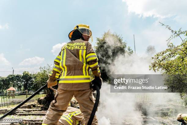 firefighters using hose to put out fire - rescue worker stock pictures, royalty-free photos & images