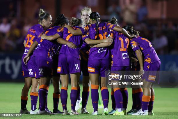 The Glory form a huddle after Rasamee Phonsongkham of the Glory scores a goal during the A-League Women round 16 match between Perth Glory and...