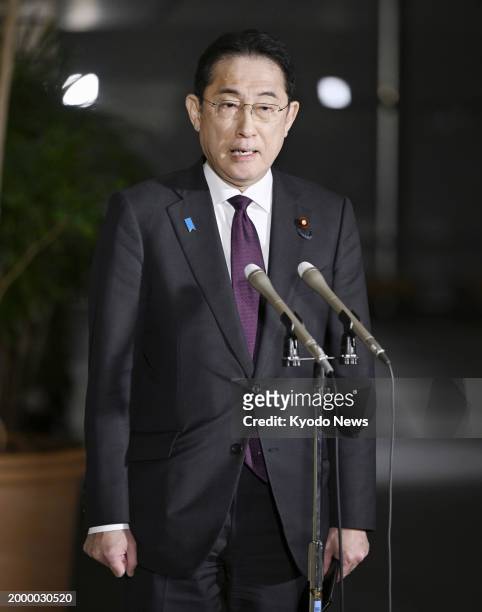 Japanese Prime Minister Fumio Kishida speaks to reporters at the premier's office in Tokyo on Feb. 13, 2024.