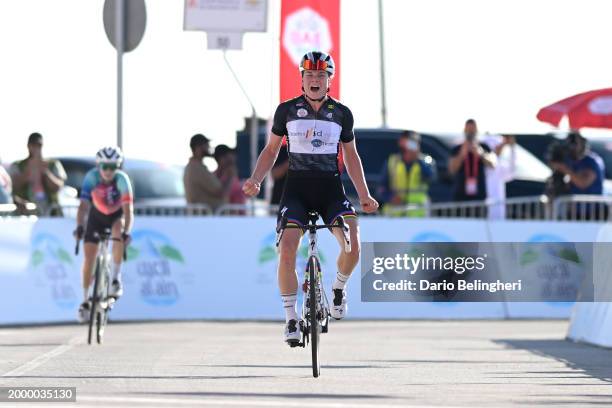 Lotte Kopecky of Belgium and Team SD Worx-Protime - Black Intermediate Sprint jersey celebrates at finish line as stage winner during the 2nd UAE...