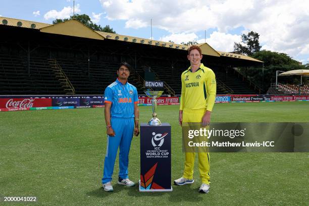 Uday Saharan, Captain of India and Hugh Weibgen, Captain of Australia pose next to the ICC U19 Men's trophy ahead of the Final of the ICC U19 Men's...