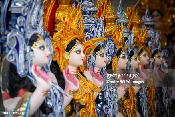 Idols of Goddess Saraswati are displayed for sale ahead of Vasant Panchami on the 14th of February 2024.