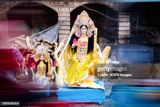 The idol of Goddess Saraswati is displayed for sale ahead of Vasant Panchami on the 14th of February 2024.