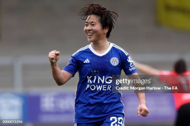 Yuka Momiki of Leicester City celebrates after Shannon O'Brien of Leicester City scored the teams third goal during the Adobe Women's FA Cup Fifth...