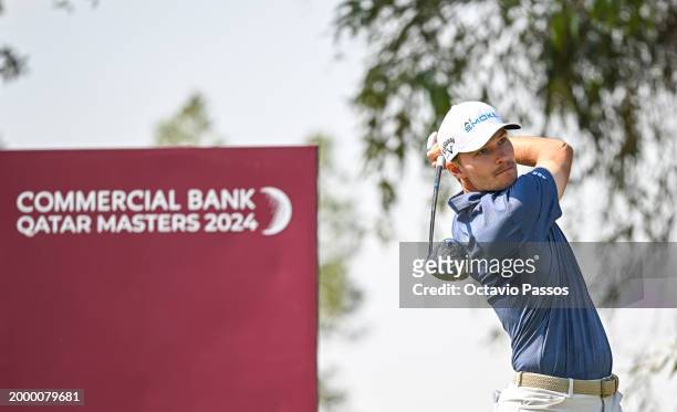 Rasmus Hojgaard of Denmark plays his tee shot on the 6th hole during day three of the Commercial Bank Qatar Masters at Doha Golf Club on February 10,...