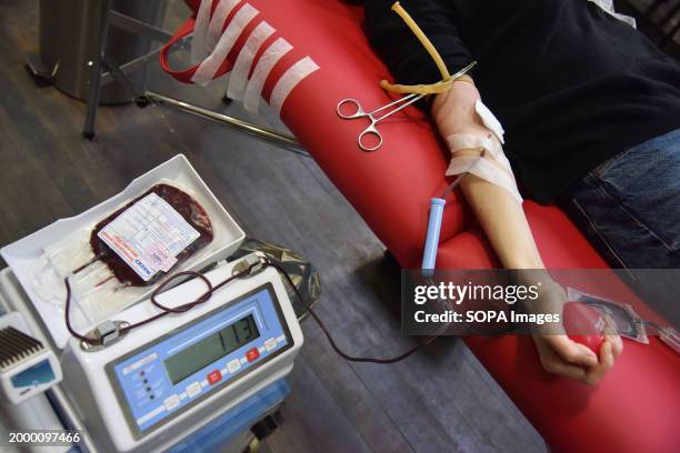 Blood donation process for the Ukrainian military at the Soldier's House in Lviv. Amidst the Russian-Ukrainian conflict, Blood Centers face an...