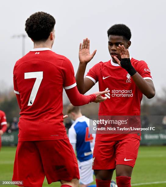 Kieran Morrison of Liverpool celebrates scoring Liverpool's fifth goal with Keyrol Figueroa during the U18 Premier League game at AXA Training Centre...