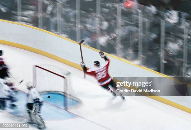 ice hockey player celebrating goal (blurred motion) - difensore hockey su ghiaccio foto e immagini stock