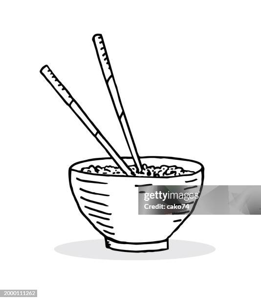 bowl of asian rice with chopsticks - asian rice dish stock illustrations