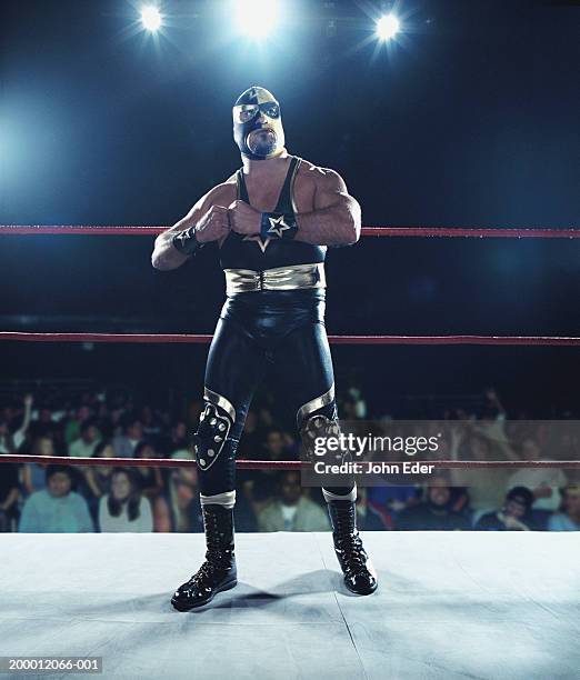 pro wrestler wearing mask, standing in ring - wrestling foto e immagini stock