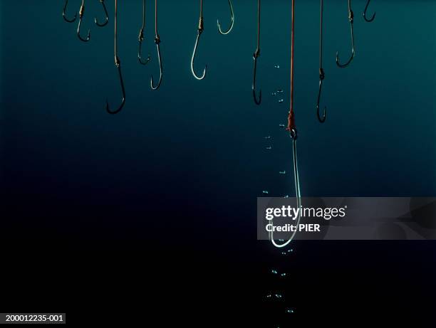 fishing hooks under water - fishing hook stock pictures, royalty-free photos & images