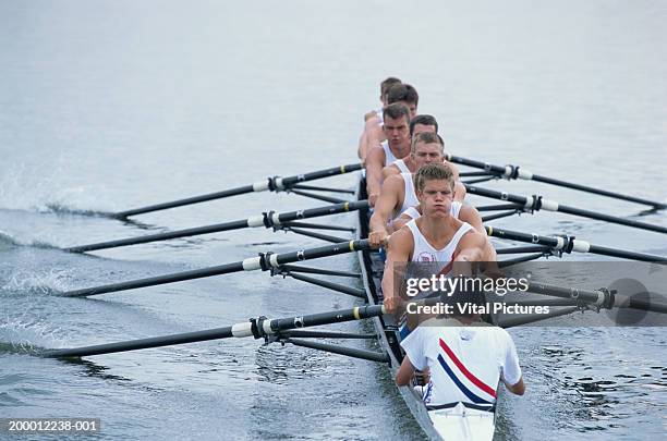 rowing crew in boat, elevated view - teamwork rowing stock pictures, royalty-free photos & images