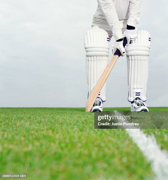 cricket batsman preparing to bat, low section - cricket bat stock-fotos und bilder