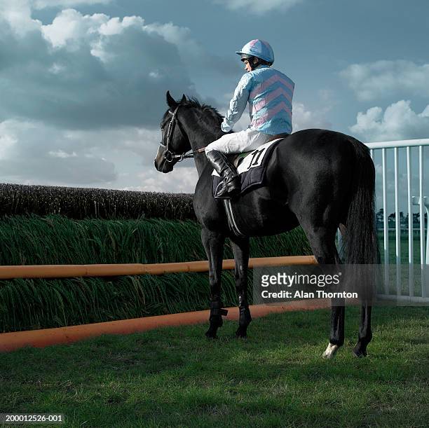 teenage jockey (15-17) on horse in front of jump - cavaleiro imagens e fotografias de stock