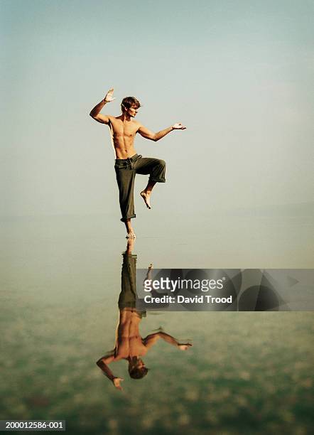 young man practicing tai chi, reflected in water - tai chi stock-fotos und bilder
