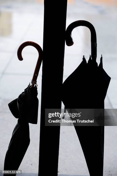 Silhouette of two umbrellas on February 09, 2024 in Berlin, Germany.