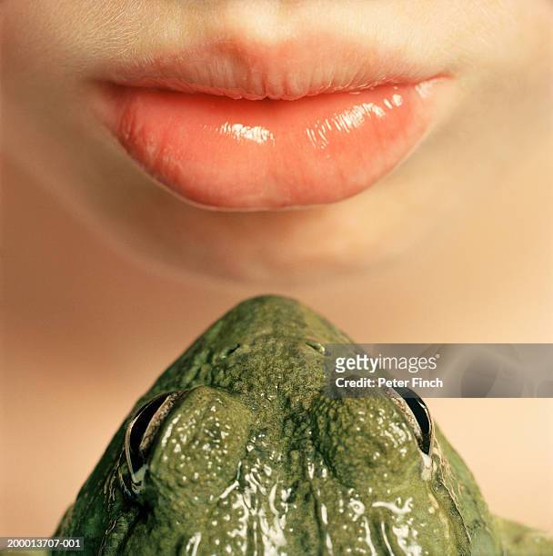 teenage girl (13-15) pouting at west african bullfrog, close-up - froschkönig stock-fotos und bilder