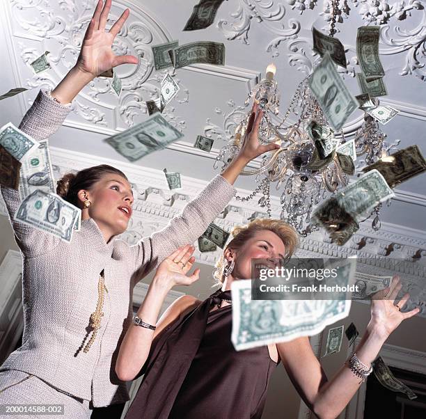 two women surrounded by falling banknotes, low angle view - miljonär bildbanksfoton och bilder