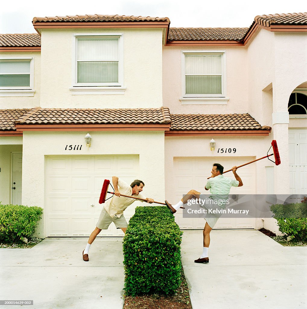 Two neighbours fighting with brooms over hedge