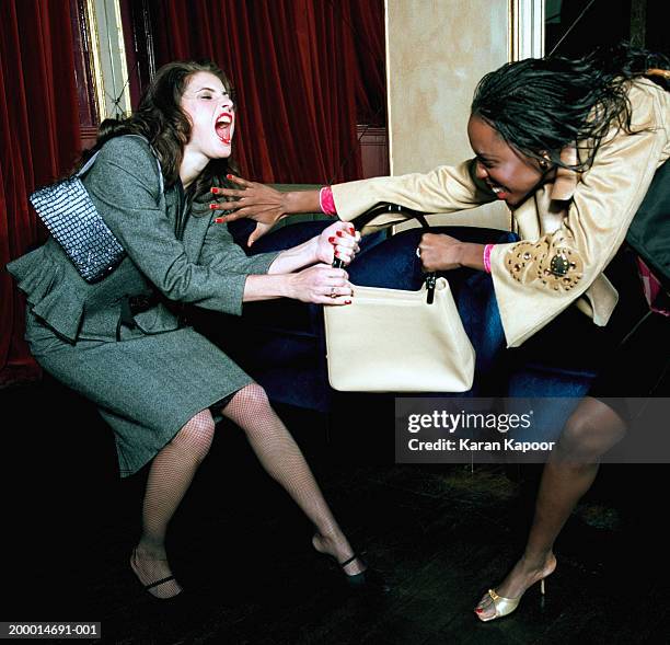 two young women fighting over handbag - hysteria 個照片及圖片檔