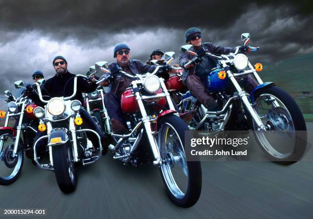six men riding motorcycles on road (digital composite) - midlife crisis stock pictures, royalty-free photos & images