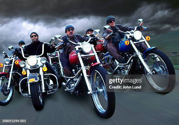 six men riding motorcycles on road (digital composite) - medelålderskris bildbanksfoton och bilder